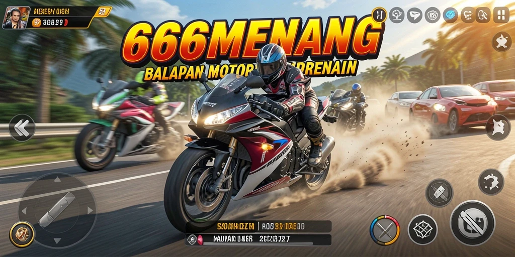 Screenshot gameplay 666MENANG menampilkan aksi balapan motor yang seru.