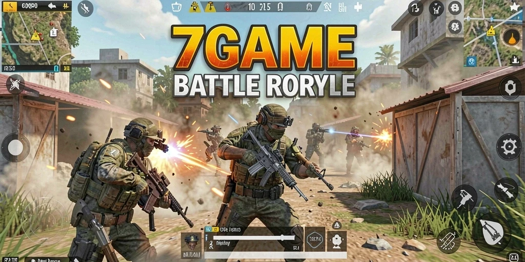 Tangkapan layar 7GAME menampilkan pertempuran epik di arena Battle Royale.