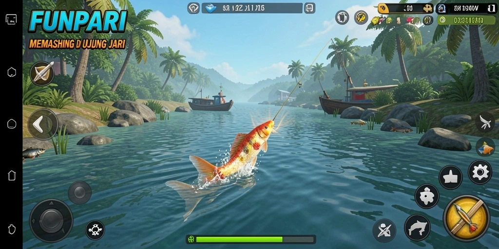 Tampilan gameplay FUNPARI dengan aksi memancing yang menarik.