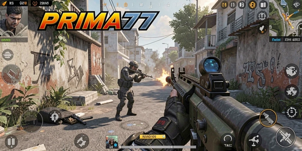 Tampilan gameplay epik dari PRIMA77 dalam pertempuran FPS.