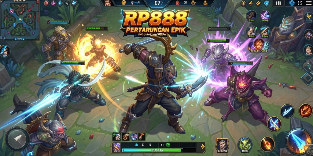 Screenshot gameplay RP888 menampilkan aksi MOBA yang intens dan strategis.