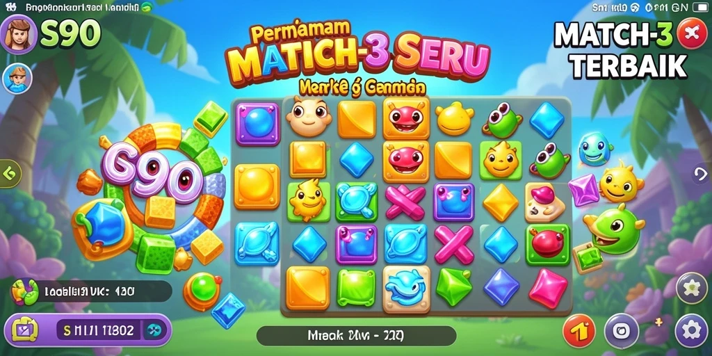 Gameplay S80 menantang dengan objek Match-3 berwarna-warni.