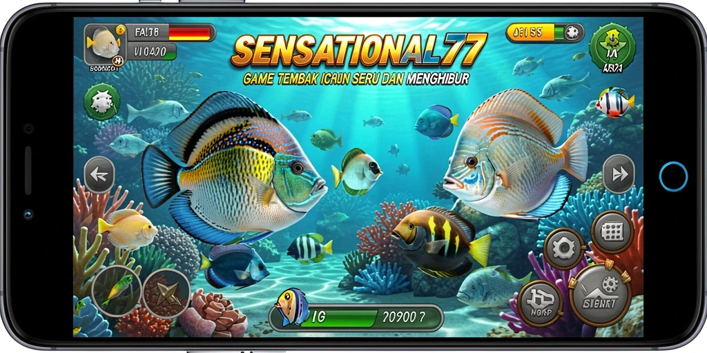 Screenshot gameplay SENSATIONAL77 menampilkan aksi menembak ikan yang mendebarkan.