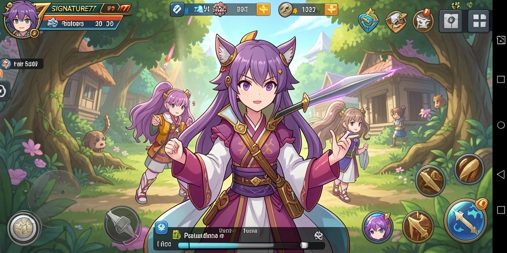 Screenshot gameplay dari SIGNATURE77 menampilkan pertempuran karakter anime yang menarik.