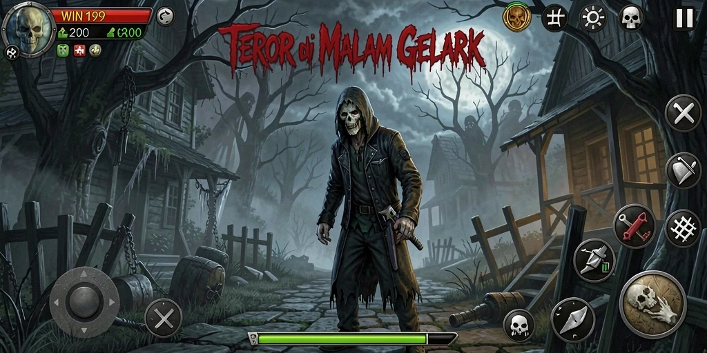 Screenshot gameplay WIN199 menampilkan suasana mencekam di lokasi angker.